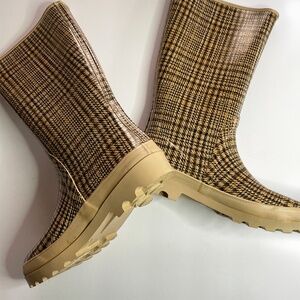 Women Rainboots Tartan Plaid New Light Beige Chocolate Brown 8